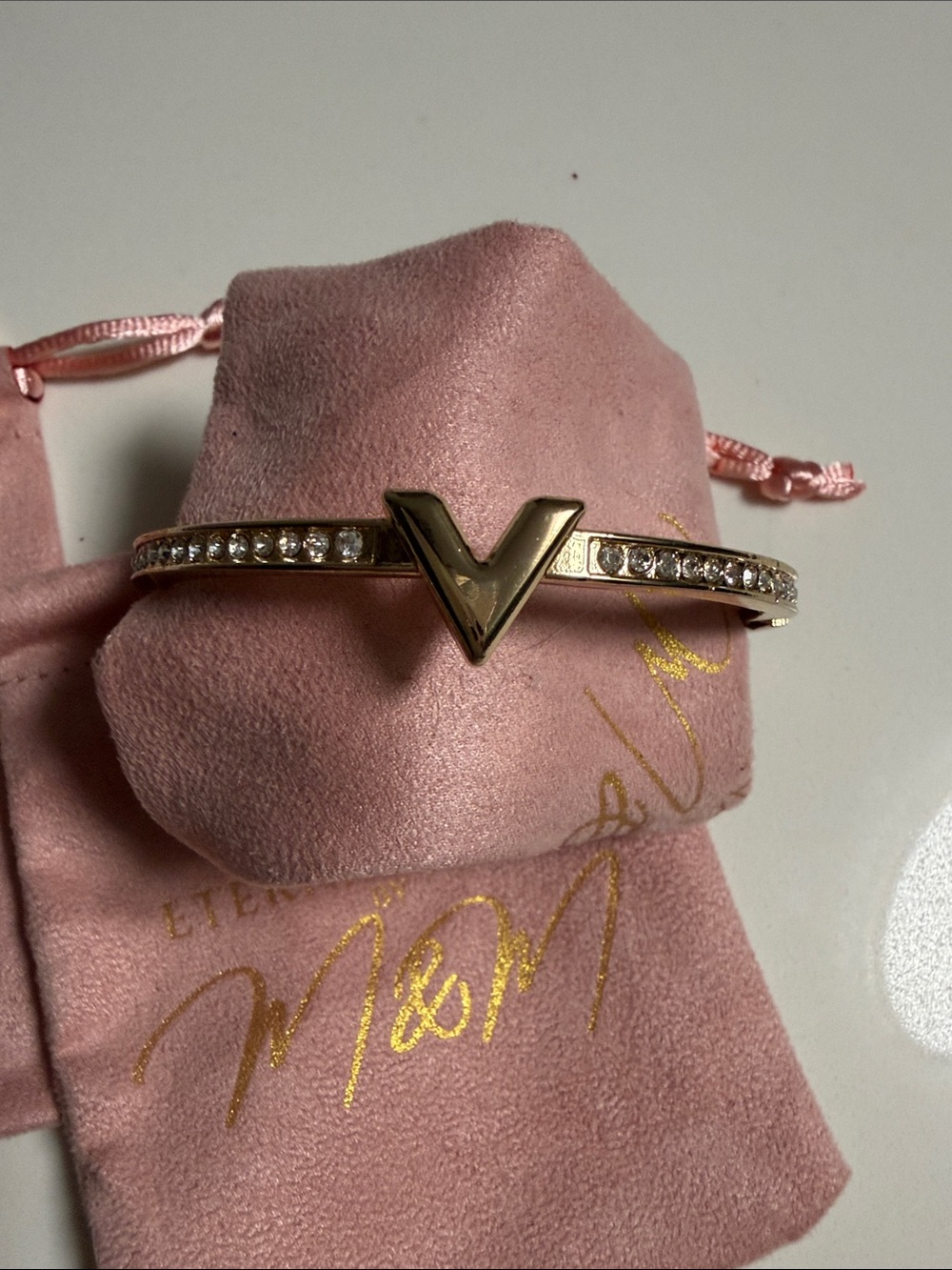 Gold V-Accent Crystal Bangle Bracelet - Women Jewelry